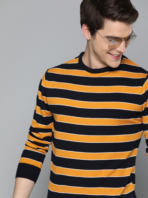 

Mast & Harbour Men Mustard Yellow & Navy Blue Striped Sweater