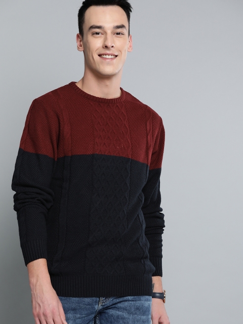 

Mast & Harbour Men Navy Blue Colourblocked Cable Knit Patterned Pullover Sweater