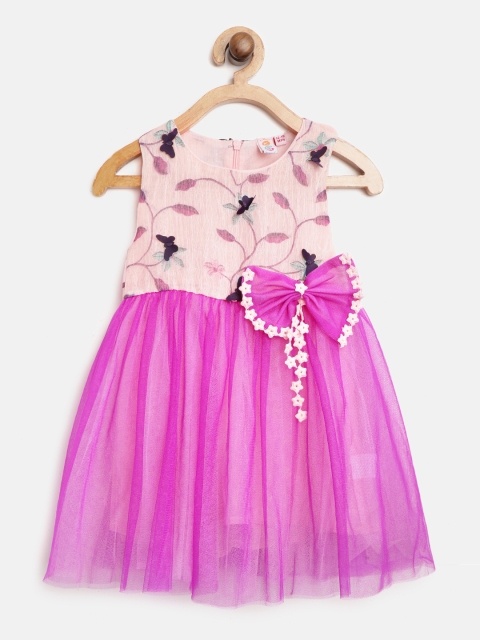 

Kids On Board Girls Peach and Fuchsia Printed Fit and Flare Dress