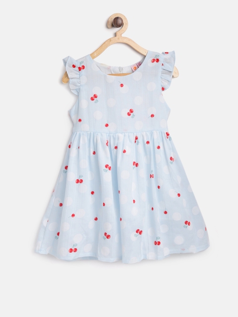 

Kids On Board Girls Blue & White Cherry Printed Fit and Flare Dress