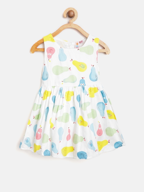 

Kids On Board Girls White & Blue Printed Fit & Flare Dress