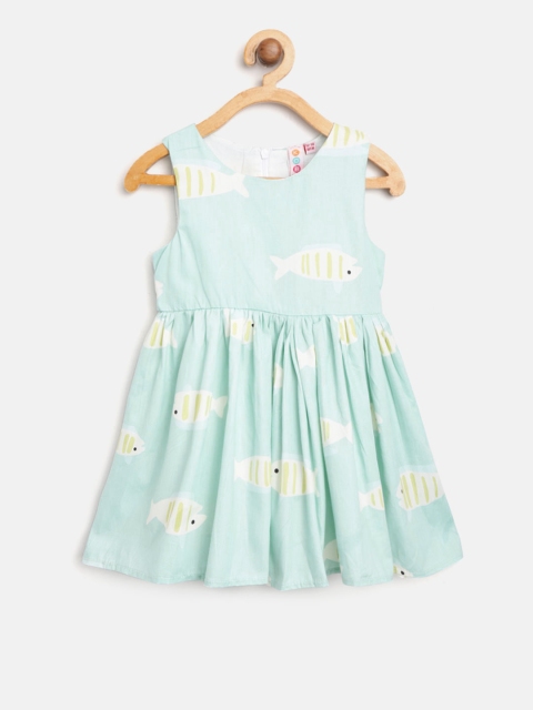 

Kids On Board Girls Sea Green & Off-White Quirky Printed Fit & Flare Dress