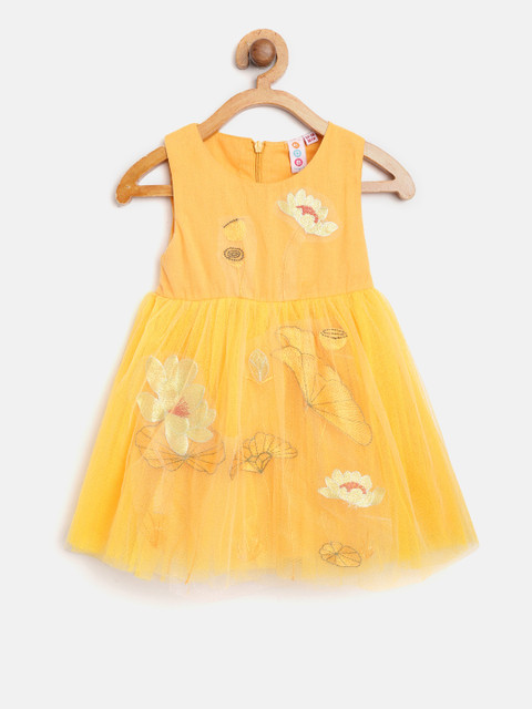 

Kids On Board Girls Mustard Yellow Net Embroidered Fit & Flare Dress