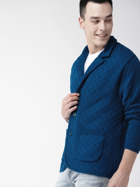 Men Teal Blue Self Design Cardigan