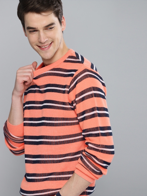 

Mast & Harbour Men Peach-Coloured & Navy Blue Striped Sweater