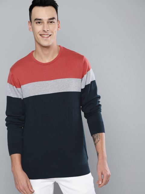 

Mast & Harbour Men Navy Blue & Pink Colourblocked Sweater