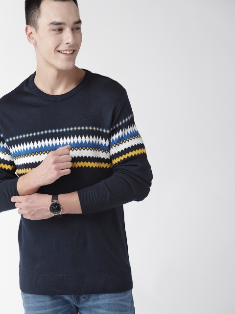 

Mast & Harbour Men Navy Blue Self Design Sweater