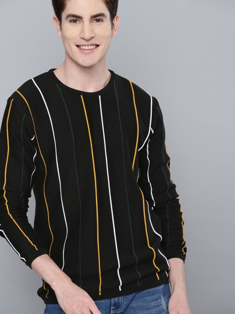 Men Black & Yellow Striped Handcrafted Pullover