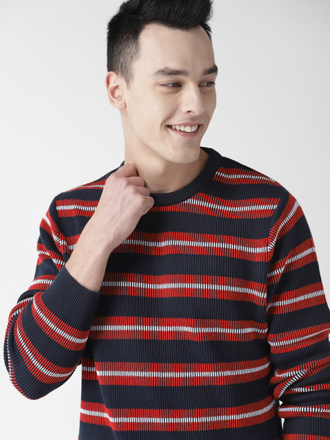 

Mast & Harbour Men Navy Blue & Red Striped Sweater