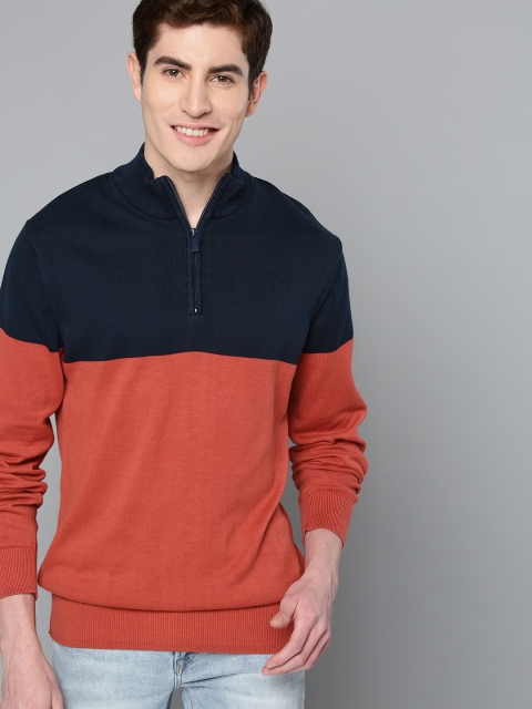 Men Navy Blue & Orange Colourblocked Sweater