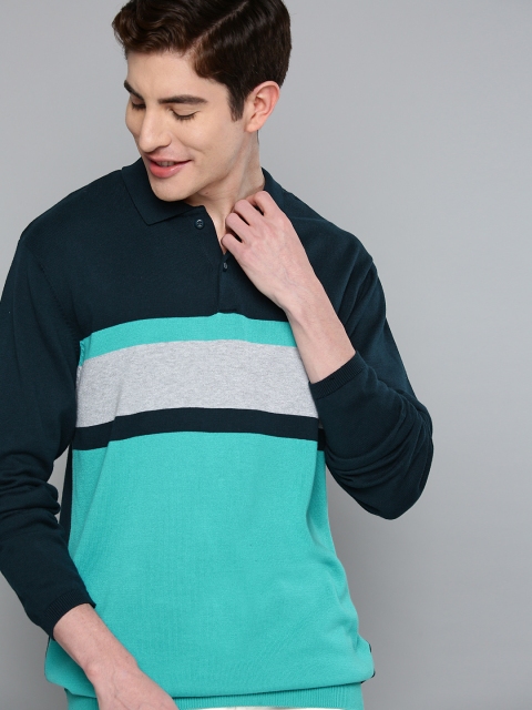 

Mast & Harbour Men Navy Blue & Sea Green Colourblocked Sweater