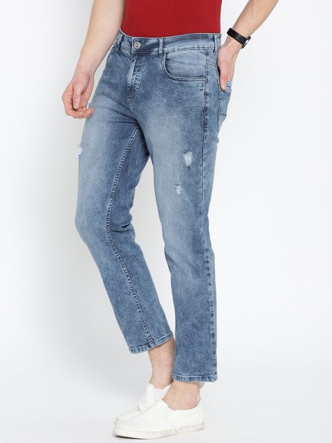 

Mast & Harbour Men Blue Slim Fit Acid Wash Mid-Rise Low Distress Stretchable Cropped Jeans