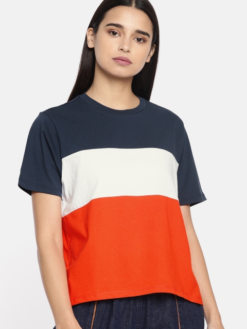 

Denizen From Levis Women Navy Blue & Orange Colourblocked Round Neck T-shirt