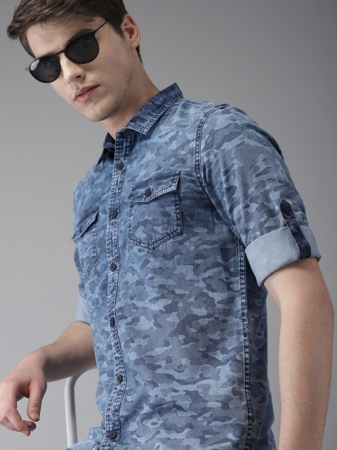 

Moda Rapido Men Blue Slim Fit Printed Casual Denim Shirt