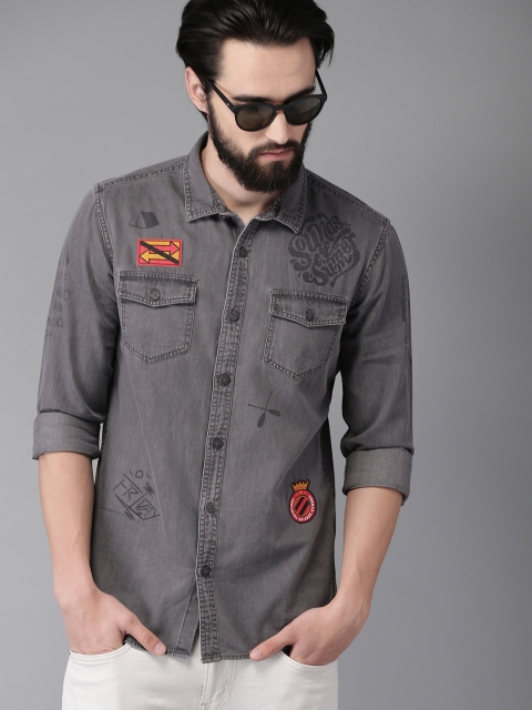 

Moda Rapido Men Grey Printed Slim Fit Faded Casual Denim Shirt