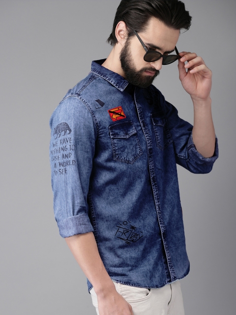 

Moda Rapido Men Blue Printed Slim Fit Faded Casual Denim Shirt