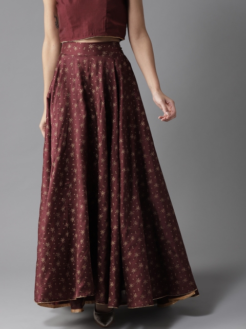 

HERE&NOW Women Maroon & Golden Printed Maxi Flared Skirt