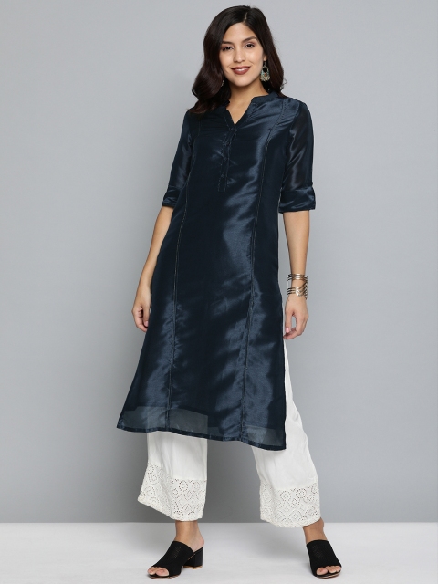 

HERE&NOW Women Navy Blue Solid Straight Kurta