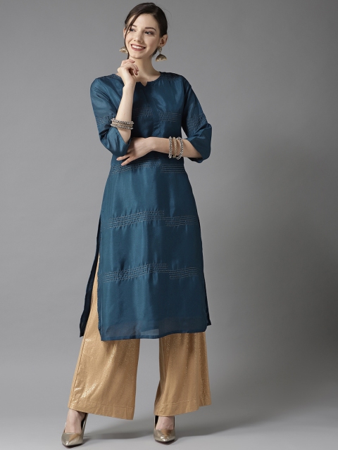 

HERE&NOW Women Teal Blue Solid Straight Kurta