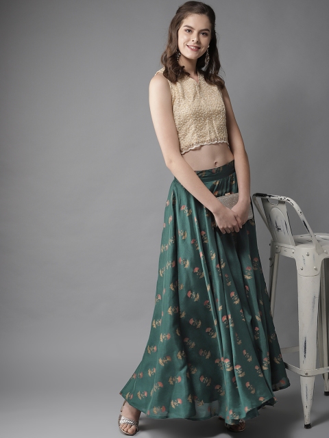 

HERE&NOW Women Green & Golden Printed Circular Flared Maxi Skirt