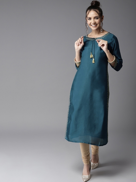 

HERE&NOW Women Teal Blue Solid Straight Kurta