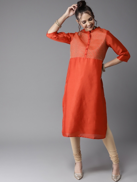 

HERE&NOW Women Rust Orange Yoke Design Straight Kurta
