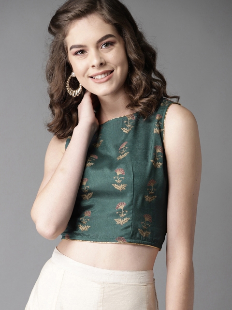 

HERE&NOW Women Teal Green & Golden Printed Crop Top