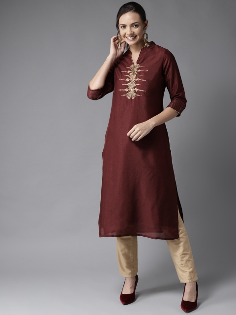 

HERE&NOW Women Maroon Yoke Design Straight Kurta