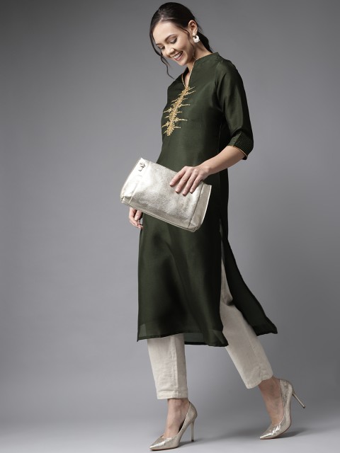 

HERE&NOW Women Green & Golden Yoke Design Straight Kurta