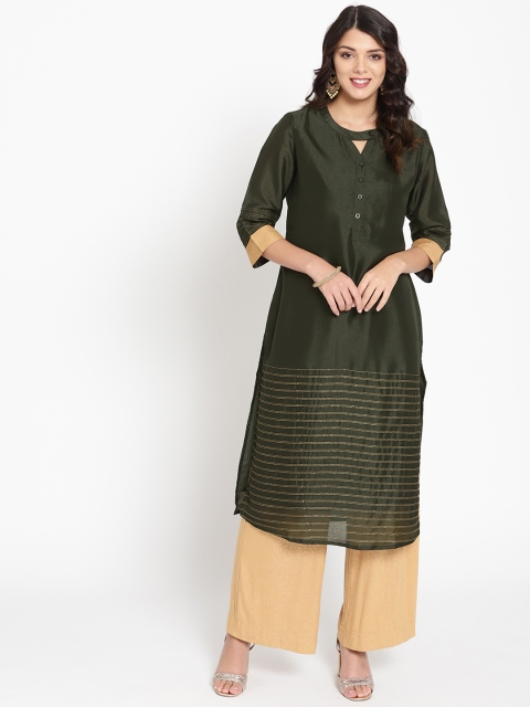 

HERE&NOW Women Green Striped Detail Straight Kurta