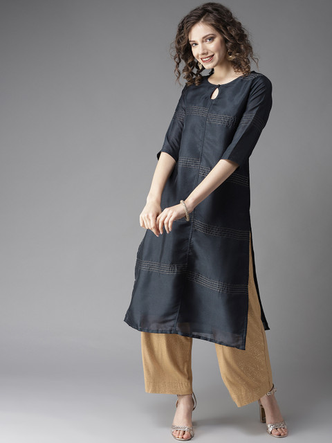 

HERE&NOW Women Navy Blue Striped Straight Kurta