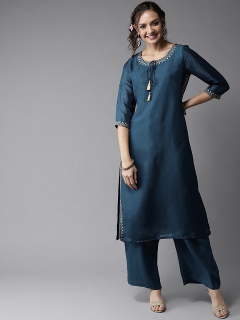 

HERE&NOW Women Teal Blue Solid Kurta with Palazzos