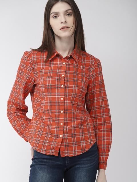 

Denizen From Levis Women Orange & Black Regular Fit Checked Casual Shirt