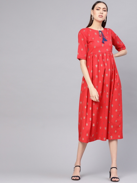 Women Coral Red & Golden Block Print Midi A-Line Dress