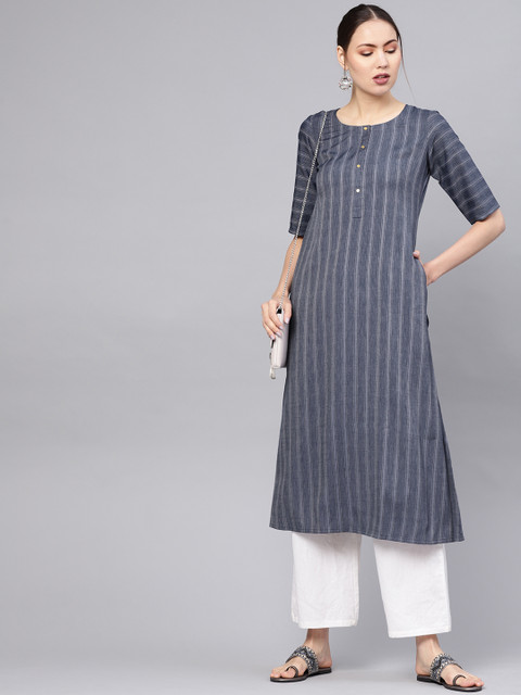 

GERUA Women Navy Blue Striped A-Line Kurta