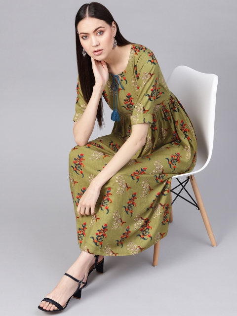 

GERUA Women Green & Red Floral Printed A-Line Dress