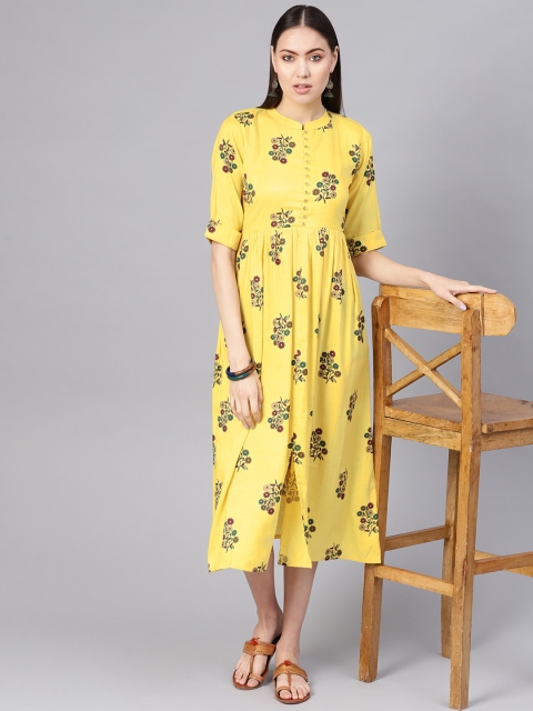 

GERUA Women Yellow & Green Floral Printed Midi A-Line Dress