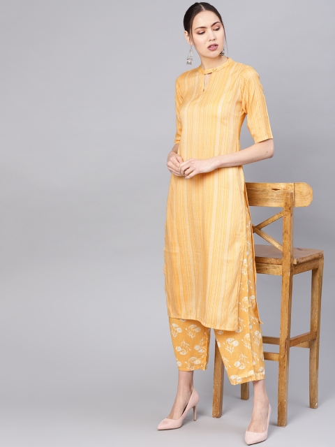 

GERUA Women Yellow & Off-White Striped Kurta with Palazzos