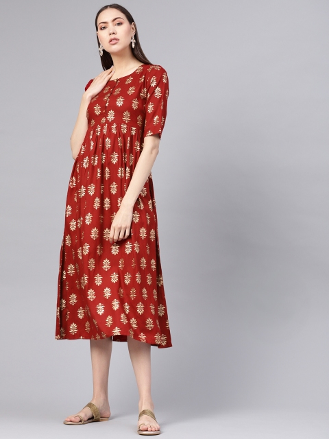 

GERUA Women Maroon & Golden Block Printed A-Line Dress