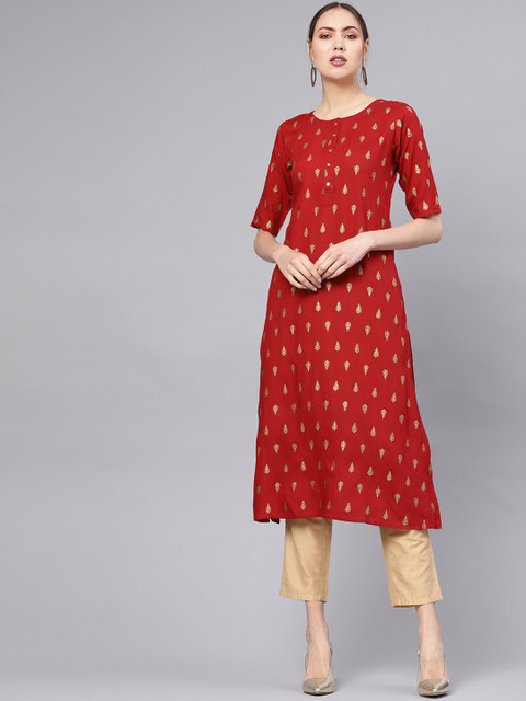 

GERUA Women Maroon & Golden Block Printed Straight Kurta