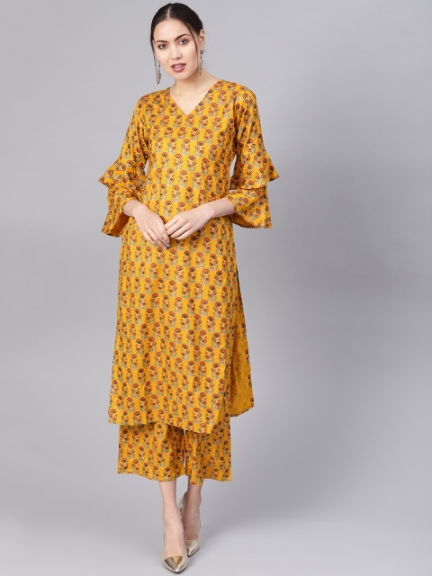 

GERUA Women Mustard Yellow & Red Block Print Kurta with Palazzos