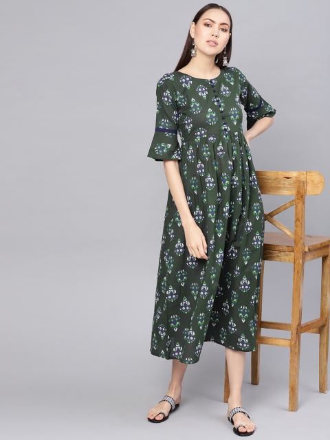 

GERUA Women Green & White Printed Midi A-Line Dress