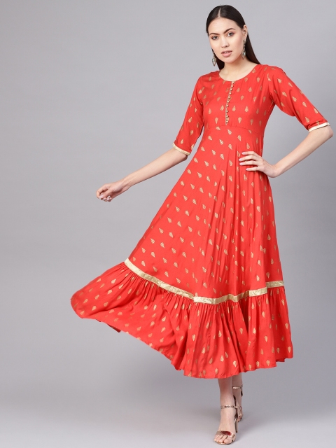 

GERUA Women Red & Golden Printed Maxi Dress