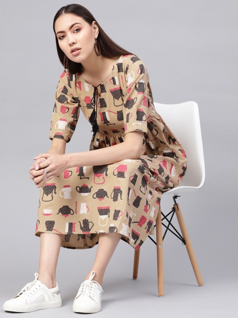 

GERUA Women Beige & Charcoal Grey A-Line Dress