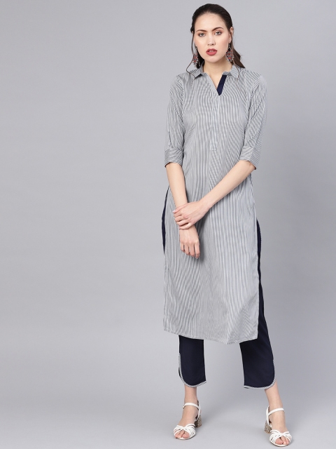 

GERUA Women Navy White & Navy Blue Striped Kurta with Trousers