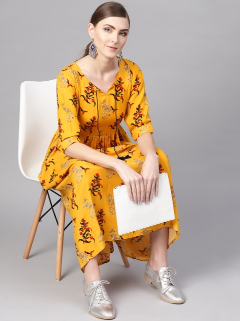 

GERUA Women Printed Mustard Yellow & Red Floral Printed A-Line Dress