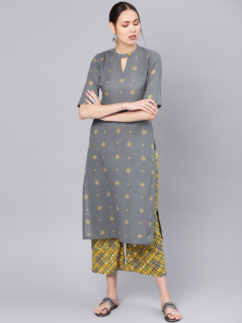 

GERUA Women Grey & Mustard Yellow Printed Kurta with Palazzos