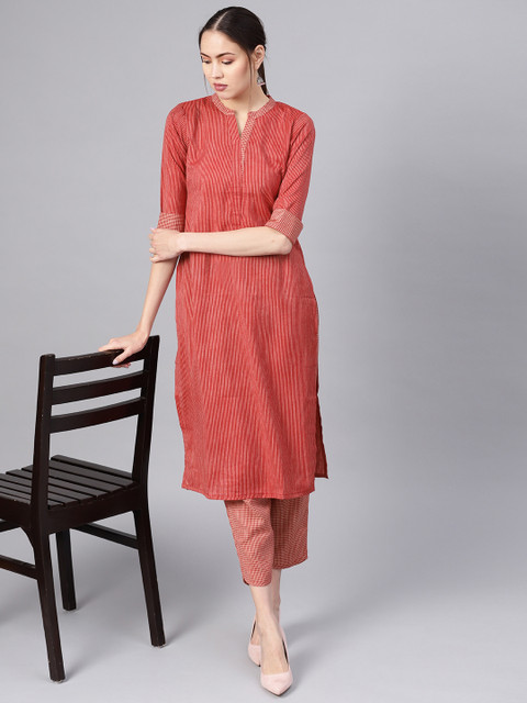 

GERUA Women Maroon & Beige Striped Kurta with Trousers