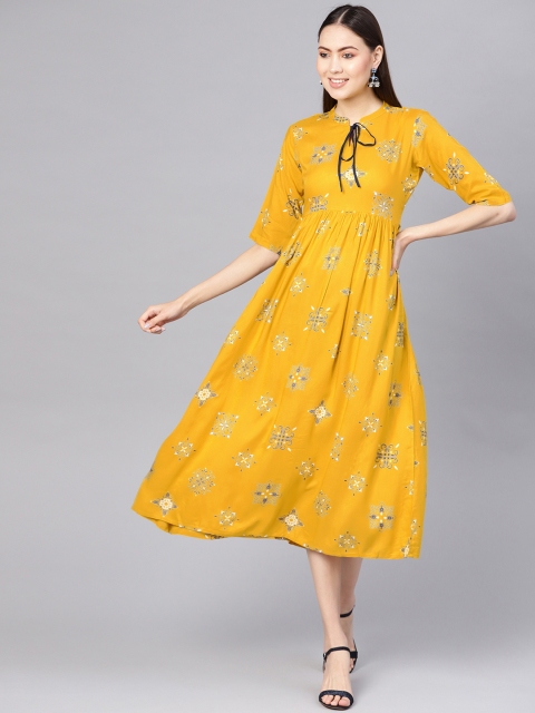Women Mustard Yellow & Blue Printed Midi A-Line Dress