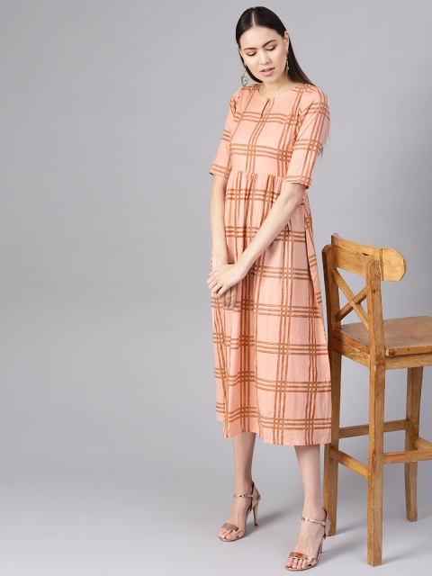 

GERUA Women Peach-Coloured & Brown Checked A-Line Dress